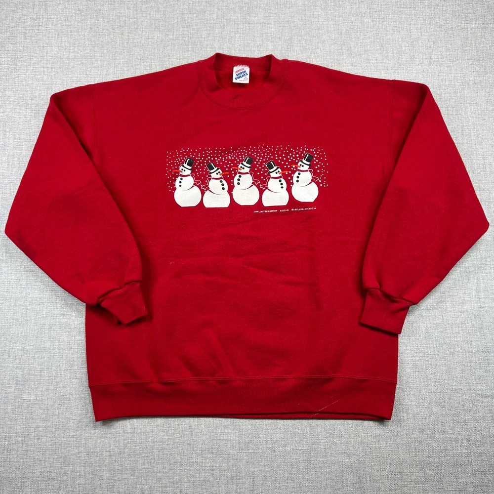Vintage 90s Jerzees Snowman Sweatshirt XL Red Christmas Holiday Winter Crew USA